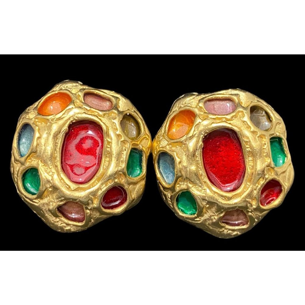 Vtg DKNY Gripoix Mogul‎ Gold Tone Clip Earrings Rare Donna Karen 80s Multicolor